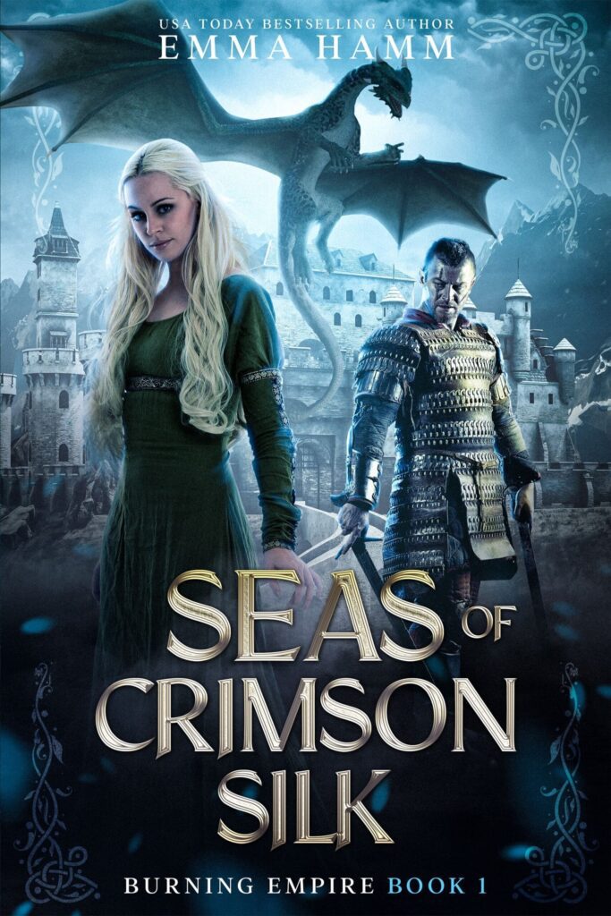 Fantasy series custom book cover design example Seas of Crimson Silk by Emma Hamm