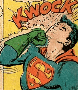 A picture from an old superman comicbook where he punches himself in the chin with a green mysterious green glove on