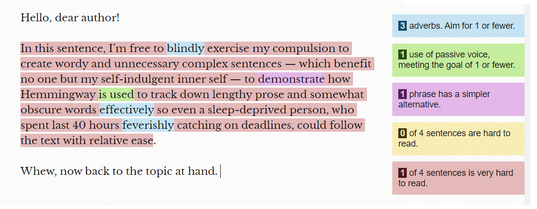 screenshot of Hemingway app a self-editing tool for better readability