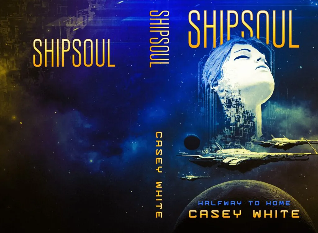 An example of a sci-fi book cover design with front, spine, and back