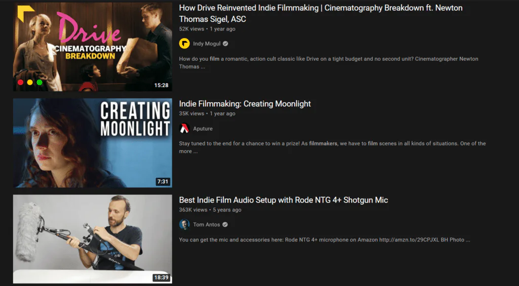 Youtube screencap with indie filmmakers' content