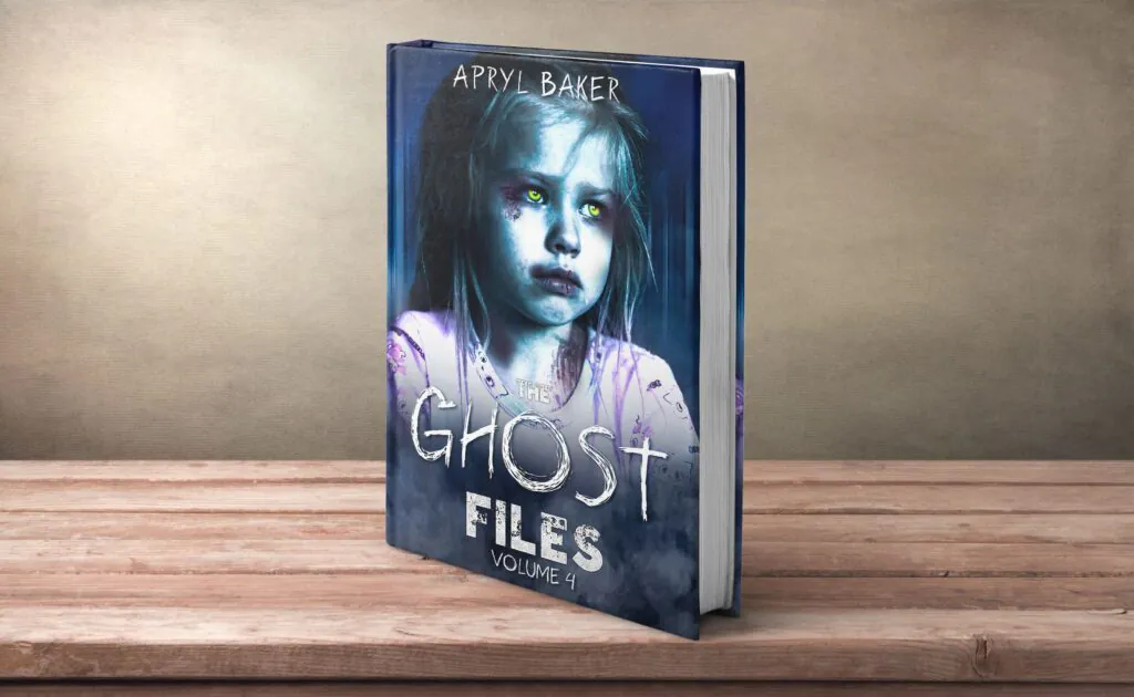 Spooky book cover design for The Ghost Files, Volume 4 by Apryl Baker, featuring a ghostly young girl with pale blue skin, glowing yellow-green eyes, messy hair, and distressed white typography against a dark blue background.
