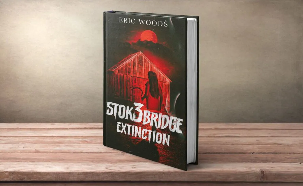 Spooky book cover design for Stokebridge Extinction by Eric Woods, featuring two mysterious figures near an old wooden bridge beneath a blood-red sky, with bold, distressed white typography.