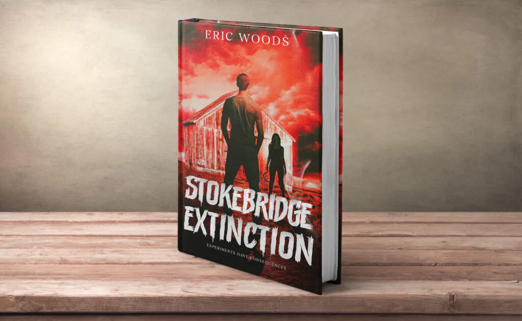 Spooky book cover design for Stokebridge Extinction by Eric Woods, featuring two mysterious figures near an old wooden bridge beneath a blood-red sky, with bold, distressed white typography.