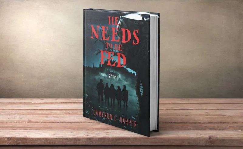 Spooky book cover design for He Needs to Be Fed by Cameron L. Harper, featuring five shadowy figures in a dark forest, a mysterious illuminated house in the distance, eerie blue-green mist, and bold red typography.